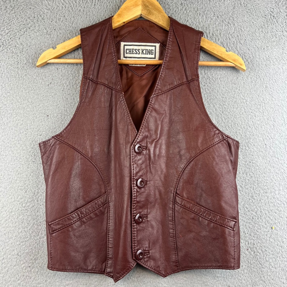 Vintage Chess King Burgundy Leather Vest Men Small Western Boho Oxblood Red
